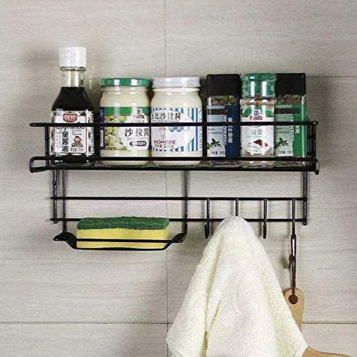 Adjustable shower rack for holding various household items.